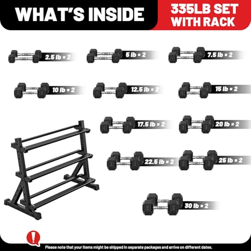 PAPABABE Dumbbell Set with Rack Dumbbells Rubber Encased Home Gym | PAPABABE Complete & Durable Cast Iron Core Odorless PVC Antiroll Hex Shape Ergonomic Chrome Handle Versatile Home Gym - size: 335LB with 3-Tier Weight Rack