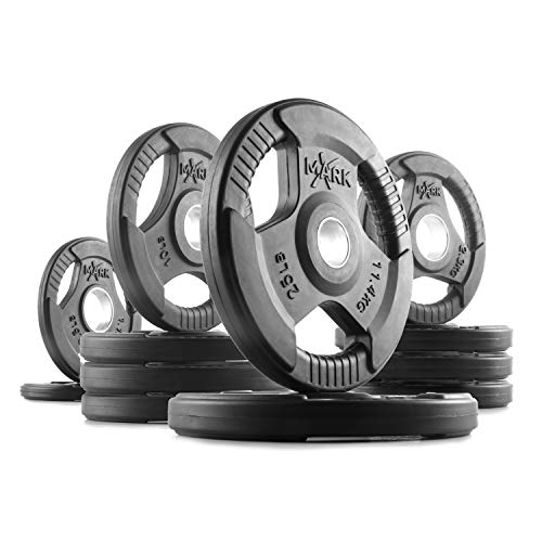XMARK TRI-GRIP Pair or Set of Olympic Weight Plates, Rubber Coated Exercise Weights for Olympic Barbell, Strength Training Weight Set for Home Gym - color: 08) Set 115 lbs