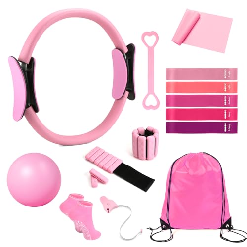 Pilates Kit-14PCS Pilates Equipment Set | home pilates kit includes pilates ring and ball, resistance bands, ankle weights and socks, for strength and flexibility - color: pink