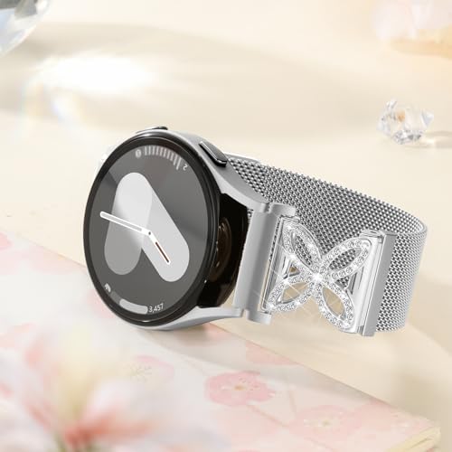Getino Magnetic Metal Band Compatible with Galaxy Watch 7 Band 6 5 4 FE Active 2 40mm 44mm/Galaxy Watch 5 pro 45mm/Classic, 20mm Floral Dressy Strap for Samsung Watch Bands Women Milanese Mesh Loop - color: Bling Silver