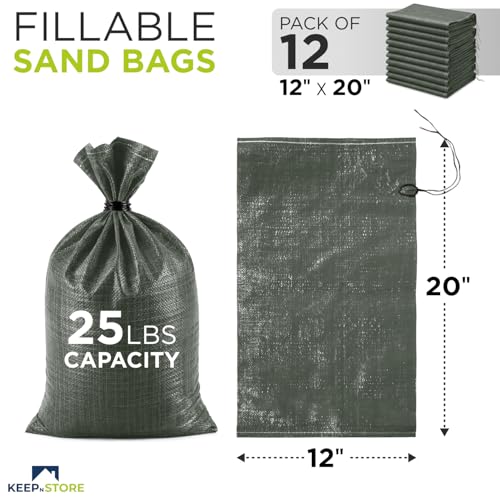 Heavy Duty Sand Bags Pack of 12, Army Green Empty Sandbags with Built-In Ties, Woven Polypropylene UV Protection 1600 Hours, Fillable Bags for Flood Control, Weight, 12x20 inches, 25 Pounds Volume - size: 12"W x 20"L, style: Pack of 12