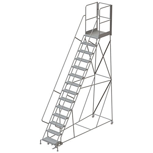 Tri-Arc RWSR114246-XR 14-Step Gateway Rear-Exit Steel Rolling Ladder with 30" Deep Top Platform, Perforated Tread with Handrails, 24" Wide Steps, Gray - size: 14-Step, style: Perforated Tread