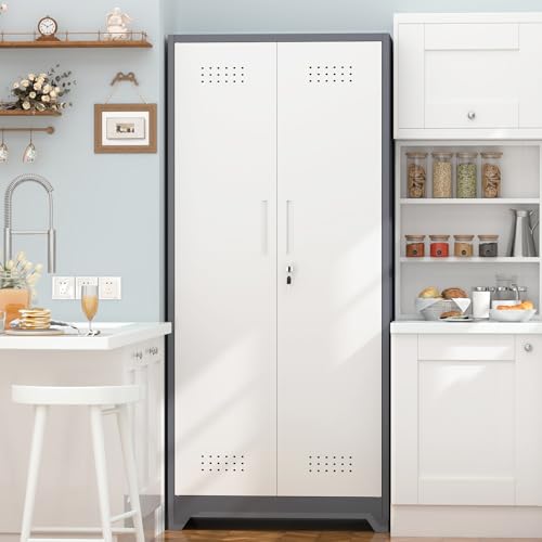 IRONFFICE Metal Garage Storage Cabinets,Broom Closet Storage Cabinet with Doors and Shelves,Tall Utility Closet Cabinet with Pegboard,Laundry Cabinet for Garage,Warehouse,Home,Basement,Grey-White - size: 15.74"D x 23.62"W x 65"H-Grey/white