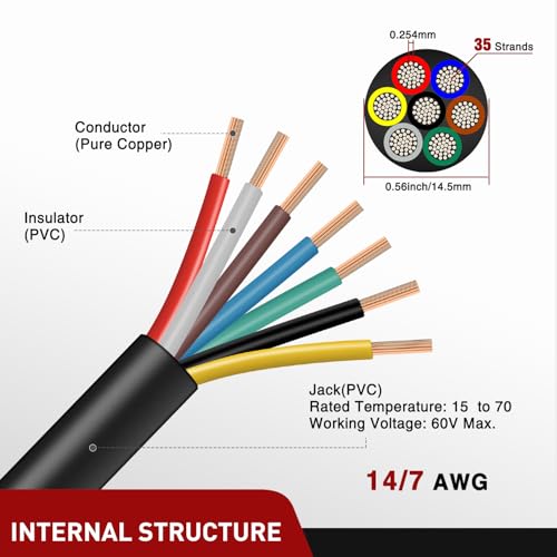 Nilight 10 Feet 7 Way Trailer Extension Cable RV Standard Wire 14 Gauge 7 Conductor 100% Pure Copper Insulated Heavy Duty Cord Weatherproof for 7 Pin Blade Truck Camper RV Automotive - color: RV Standard Trailer Cord 10FT