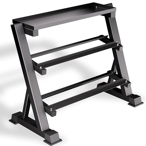 Heavy Duty 3 Tier Dumbbell Rack Stand, 1200LBS Commercial Weight Storage Organizer for Home Gym (Select Frame Type: Kettlebell Flat Tray, All Rails, or Rolling Wheels), Stand Only - color: 3-Tier (Top Tray)- Black