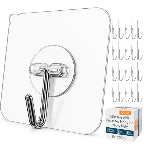 GLUIT Adhesive Wall Hooks for Hanging Heavy Duty 22 lbs Hooks for Walls No Drill, Towel Sticky Clear Hooks, Waterproof, Home, Bathroom, Kitchen, Office, and Outdoor 20 Pack - size: Medium, 20 pcs
