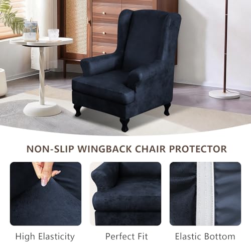 ANARACHON Leather Look Wingback Chair Covers, 2-Piece Wing Chair slipcover,Stretch Wing Back Armchair Slipcovers with Elastic Bottom, Soft Spandex Furniture Protector for Living Room (Navy) - color: Navy