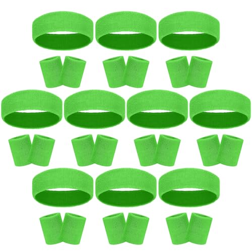 30 Pcs Sweatbands Wristbands Set Absorbent Terry Cloth Headbands Wristbands Neon Color Striped 80s Athletic Sweatbands for Sports Gym Exercise - color: Green