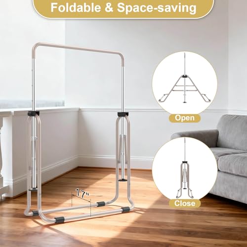 SHIWEI Gymnastics Bar for Kids, Gymnastic Kip Bar 5-Height Adjustable Home | Foldable, Indoor Outdoor Use, 140lb Capacity, for Ages 3-8, with Gymnastics Rings, Anti-Slip & Space-Saving Design - color: Beige