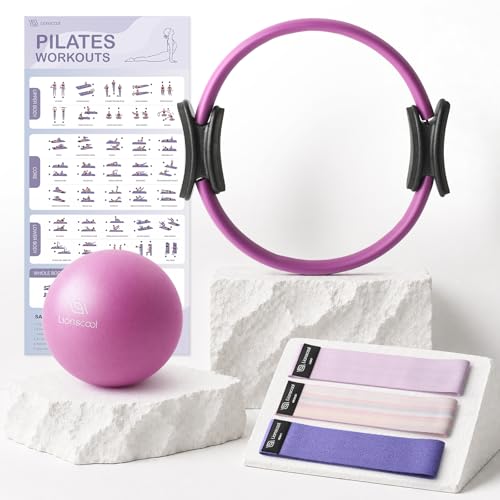 LIONSCOOL Pilates Ring Set - 14" Anti-Deformation Magic Circle with Padded Handles, 9" Mini Ball, Non-Slip Fabric Resistance Bands, Guide & Bag - color: Purple