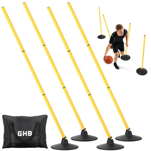 GHB Agility Poles 4 Pack 50" Sports Soccer Training Poles | Detachable Speed Training Equipment Football Accessories with Rubber Base - size: C.Rubber Base+Rebound Spring