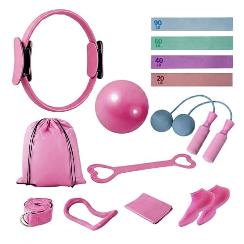 Home Pilates Kit for Women, Workout Set with 12.9" Ring, 9.8" Mini Ball, 4 Fabric Bands, Figure-8 Band, Stretch Band, D-Ring Strap, Cordless Jump Rope, Socks, Carry Bag - color: Pink