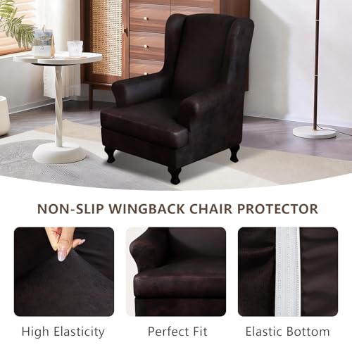 ANARACHON Leather Look Wingback Chair Covers, 2-Piece Wing Chair slipcover,Stretch Wing Back Armchair Slipcovers with Elastic Bottom, Soft Spandex Furniture Protector for Living Room (Chocolate) - color: Chocolate