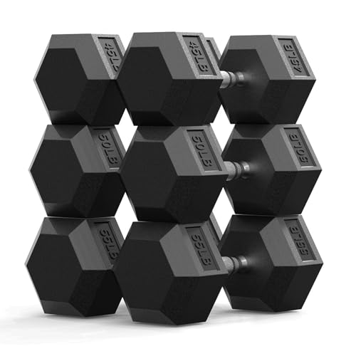 PAPABABE Dumbbell Set, Rubber Encased Home Gym Dumbbells, Weight Dumbbells for Women & Men, Hand Weights for Home Gym & Strength Training - size: 300 lb Set (Pair of 45, 50, 55), style: Chrome Grip