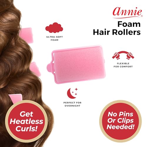 Annie Foam Hair Rollers X-Large 1 1/4 Inch, 8 Count Pink Soft Sponge Curlers for Heatless Curls & Waves, No Pins or Clips Needed, For Wet or Dry Hair, Long-Lasting Hold - color: Pink