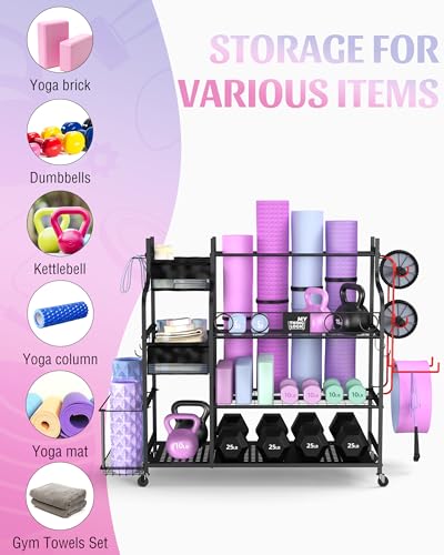 Mythinglogic Home Gym Storage Rack with Wheels for Dumbbells and Yoga Mats | Versatile storage with shelves, hooks and side holders for kettlebells, foam rollers, bands, weight plates and gym gear - color: Black