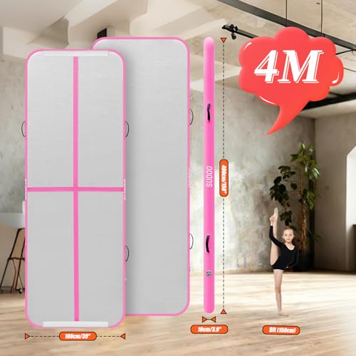 SUDOO Gymnastics Air Mat 10ft/13ft/16ft Inflatable Air Tumble Track Mat 4" Thick Tumbling Mat With Pump or No Pump for Training Tumble Yoga Cheerleading Parkour Beach Water Activities Home Use - color: Pink, size: 13ft*3.3ft*4in (4*1*0.1m)