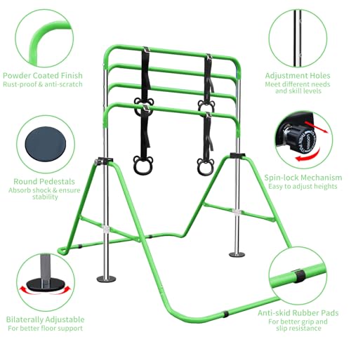 Gymnastics Bars for Kids with Rings, Junior Kip Training Bars Equipment for Home, Folding Height Adjustable Horizontal Bars - color: Green