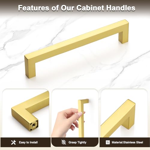 Probrico 5 Pack Square Gold Kitchen Cabinet Pulls 6.3 Inch Stainless Steel Brushed Brass Cabinet Handles Square Corner Bar Polished Gold Dresser Drawer Pull Handles Total Length 6.8Inch - color: Gold, size: Hole Center: 160mm(6.3inch)