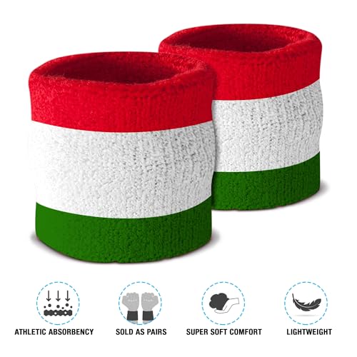 Suddora Striped Sweatband Set, Moisture Wicking 2 Wristbands and 1 Headband, Breathable Athletic Sweat Bands for Sports, Costumes & Cosplay, Matching Bands to Wear with Jersey - color: Red White Green