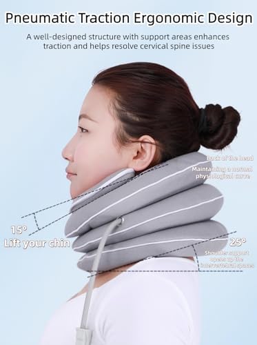 Neck Stretcher with Neck Brace,Adjustable Cervical Traction Device,Inflatable Cervical Traction Device for Neck,Portable and Compressible,Suitable for Office,Travel and Home Use - color: Grey