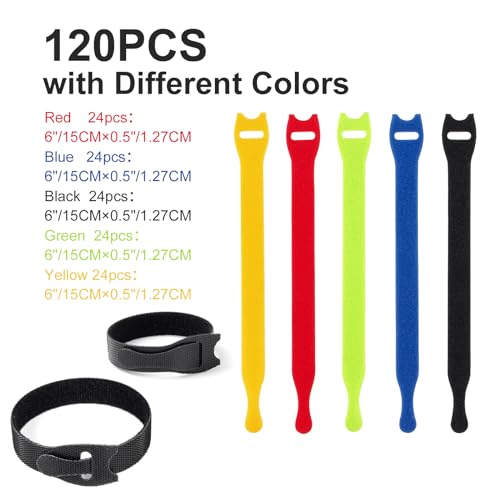 OneLeaf 120PCS Cord Organizer 6in Cable Ties Reusable with Hook and Loop, Colorful Fastening Cord Ties Wire Management for Home, Office, Data Centers, and Electronics, 5 colors - size: 6in-120pcs