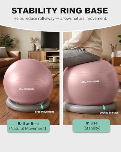 Trideer Yoga Ball Chair with Base for Office Desk, Exercise & Stability Ball Seat, Pilates Ball for Core Training, Pregnancy Ball, Back Pain Relief & Active Sitting - color: Pink, size: L(23-26inches/58-65cm)