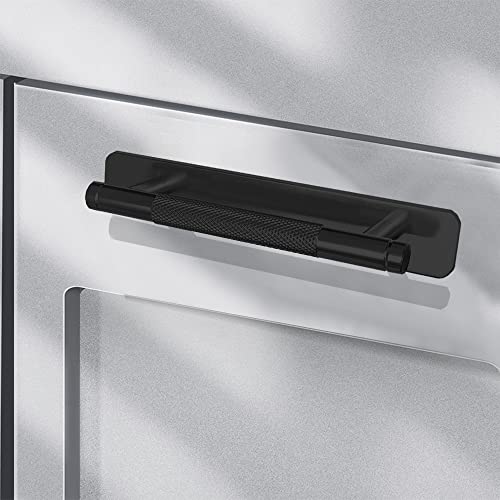 12 Pack 5 Inch 128 mm Self-Adhesive Matte Black Barrel Knurled Cabinet Handles with Base Plate Aluminum Cabinet Pulls for Sliding Door Charcuterie Board Drawer Handles Drill&Punch Free - color: BarrelBlack 3M, size: 5 Inch