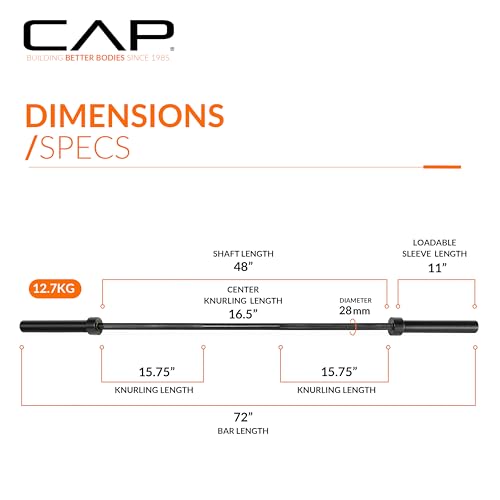 CAP Olympic Barbell - 5FT, 6FT, & 7FT Strength Training Weight Bars, Multiple Options - size: 6 ft (72") - Black, style: Elite