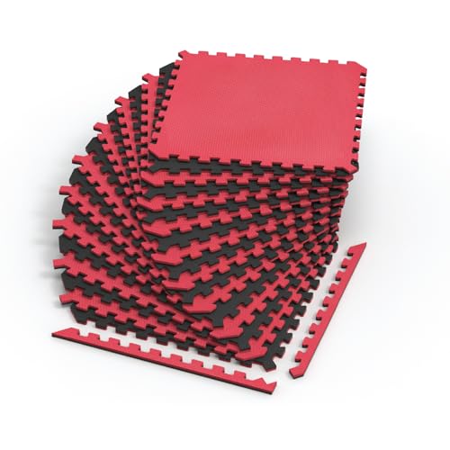 Norsk Dual-Sided Reversible 1/2" Foam Exercise Mats for Home Gym - Interlocking EVA Foam Tiles - color: Red / Black, size: 18 Tiles - 72 Sq. Ft.