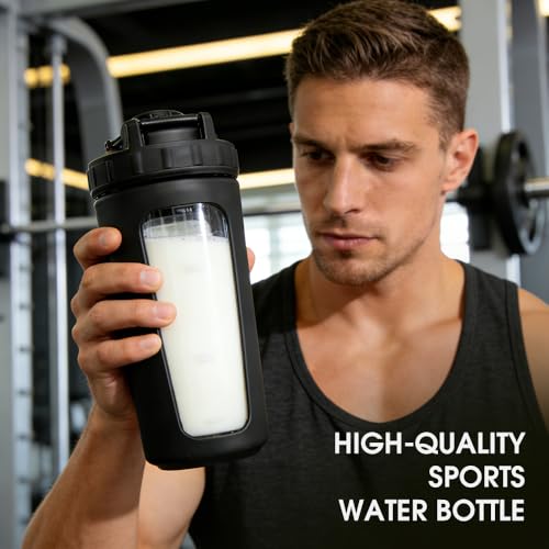 26oz Glass Protein Shaker Bottle with Non-Slip Sleeve, Borosilicate Glass Shaker Cup for Protein Shakes, Smoothies, Iced Coffee, Leak-Proof & BPA-Free Mixer Bottle for Gym, Workout, Sports