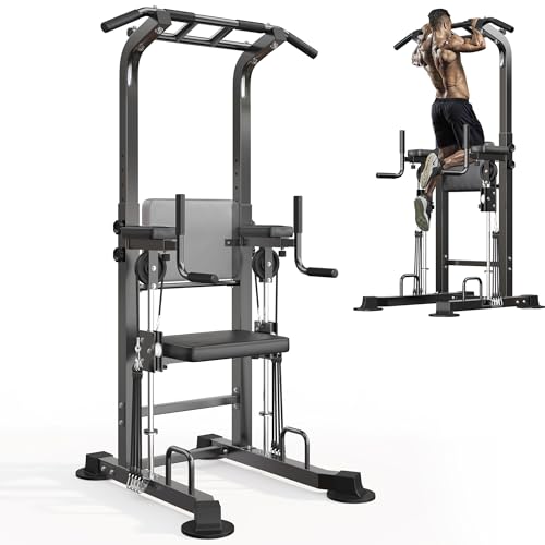 SogesHome Power Tower Pull Up Bar Station Height Adjustable Assistive Rack | Multi-Function Strength Training Equipment Full Body Workout Machine, Freestanding Push Up Dip Stand for Home Gym Exercise - color: Black