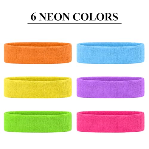 6pcs 80s Headbands for Women, Terry Cloth Sports Headband Neon Sweatbands 80s 90s Party Costume Accessories for Retro Party Decorations Gym Yoga Tennis Running Fitness