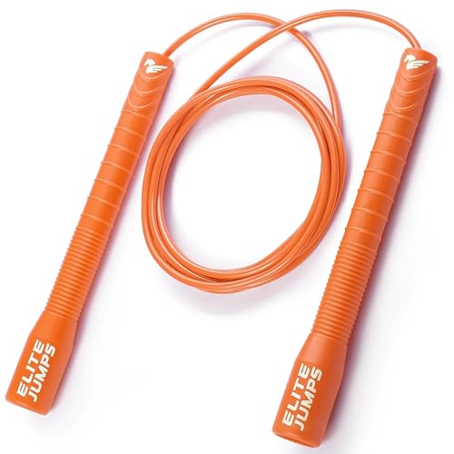 Elite Jumps Fit Plus Pro Freestyle PVC, 4mm Cord Skipping Rope, Cardio, Adjustable 10ft Length with 8" Reinforced Handles, Non-Slip Grip for Gym Workout, School Sport, Beginner Use - color: No grip tape-Orange