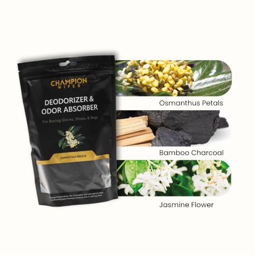 Deodorizer Inserts for Boxing Gloves, Hockey Equipment, Gym Bags & Sports Gear – Bamboo Charcoal Odor Absorber & Moisture Absorber – Reusable Dual-Pouch Insert (Osmanthus Breeze)