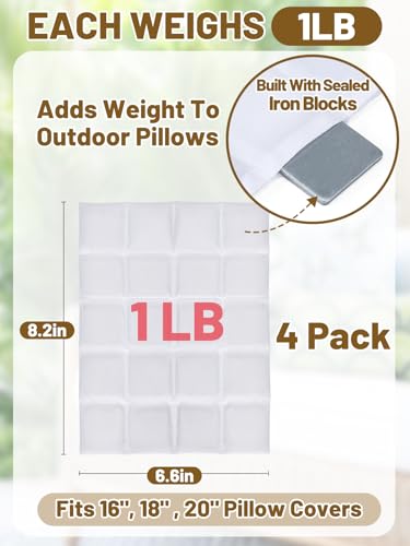 Apipi 4 Pack Wind Resistant Weighted Pillow Inserts for Outdoor, 1lb Each | Hidden Weighted Inserts, Help Keep Pillows in Place, Easy to Install & Remove for Windy Patios, Beach, Desert, 8" x 7"