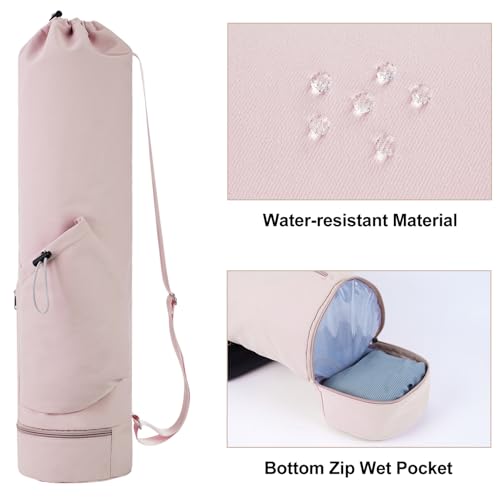 sportsnew Yoga Mat Bag with Water Bottle Pocket & Wet Pocket for Women | Yoga mat carrier fits 1/8"-3/8" yoga mats, quick-access multi-pocket organization, lightweight for gym, Pilates & studio - color: Pink, size: Medium