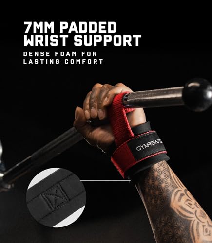 Gymreapers Weight Lifting Straps With Dowel - Wrist Straps for Weightlifting - Workout Deadlift Wrist Weights - Reinforced Stitching & Padded Fit Gym Accessories for Strength & Gym Hand Grip - color: Red