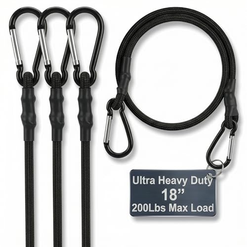 Bungee Cords with Carabiner Hooks Heavy Duty, 18", 200 Lbs Load, 4 Pcs | Elastic Tie Down Straps, Rubber & Latex, Anti-Rust Steel Hooks, 2X Stretch, Waterproof, UV Resistant; Camping, Tarps & Car - size: 18 Inch (Pack of 4)