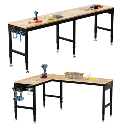 Betterhood 72" 2-in-1 Convertible Adjustable Workbench, L-Shaped & Extended 5000 LBS Heavy Duty Work Table with Power Outlets & Pegboard, Rubber Wood Workstation for Garage, Workshop - size: Rubber Pad/ Power Outlets/ 2 Pegboard/ 72"x20"x37"
