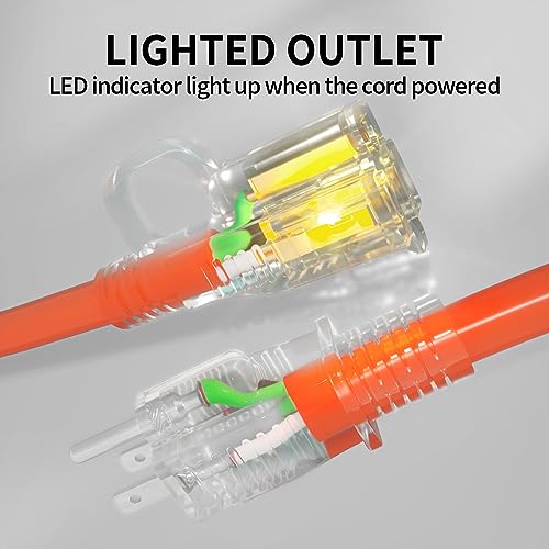 POWGRN 50 ft 12/3 Outdoor Extension Cord Waterproof Heavy Duty with Lighted Indicator End 12 Gauge 3 Prong, Flexible Cold-Resistant Long Power Cord Outside, 15Amp 1875W SJTW Orange ETL Listed - color: Orange, size: 50 FT