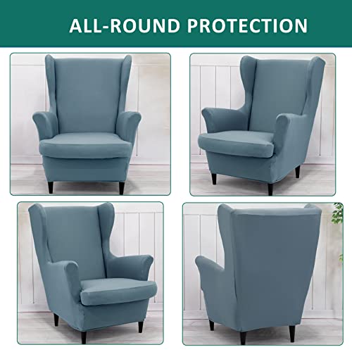 NILUOH Wingback Chair Cover 2-Piece Soft Stretch Wing Chair Slipcover Solid Color Armchair Sofa Couch Cover Furniture Protector with Elastic Bottom for Living Room Bedroom (Gray-Blue) - color: Gray-blue