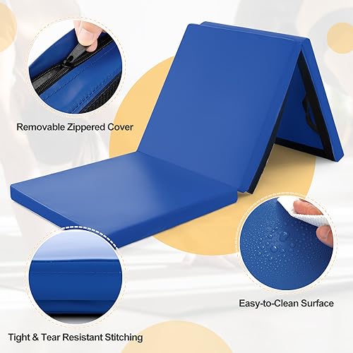 Goplus Folding Gymnastics Mat, 6’ x 2’ x 2’’ Thick Tri-Fold Exercise Tumbling Mat w/Carrying Handles, Hook & Loop Fastener, Gym mats for Home Fitness Yoga Aerobics Workouts Martial Arts - color: Navy
