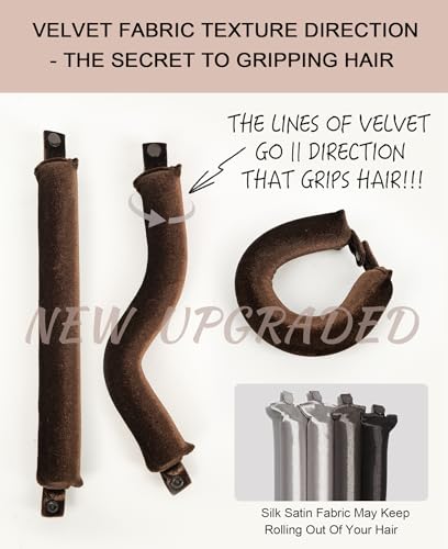 Grande Heatless Curls Overnight Rods - Upgraded Directional Grip Velvet - No Heat Hair Curlers to Sleep, Jumbo Large Hair Rollers Flexible Curling Rods Set for Long Thicker Coarser Hair Blowout Look - color: Brown