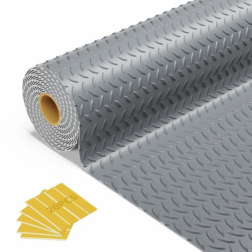 12x20 FT Gray Garage Floor Mat, 2.8mm Thickened Flooring Roll for Under Car Diamond Plate PVC Rubber Mat with 20 Pcs Tapes, Non-Slip Floor Mat for Garage, Warehouse, Gyms, Trailer - color: Gray, size: 12x20 FT