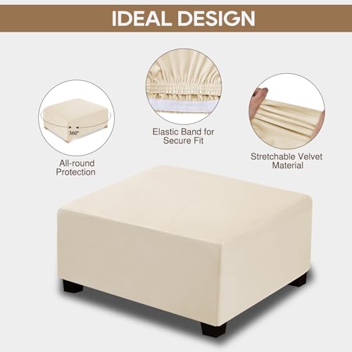 NeColorLife Velvet Ottoman Cover Square, Stretchable Footrest Stool Slipcover with Elastic Band for Rectangle and Square Storage Ottoman (Large, Cream (with Warm Undertones)) - color: Cream, size: L Length: 35"-45",Width: 31"-43"