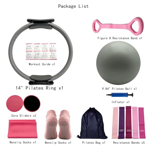 Pilates Kit, 17-in-1 Home Pilates Equipment Workout Set for Women – 14.5" Pilates Ring, TPE Gradient Resistance Bands, Yoga Ball,Heart-Shaped Resistance Band & Grip Socks with Backpack