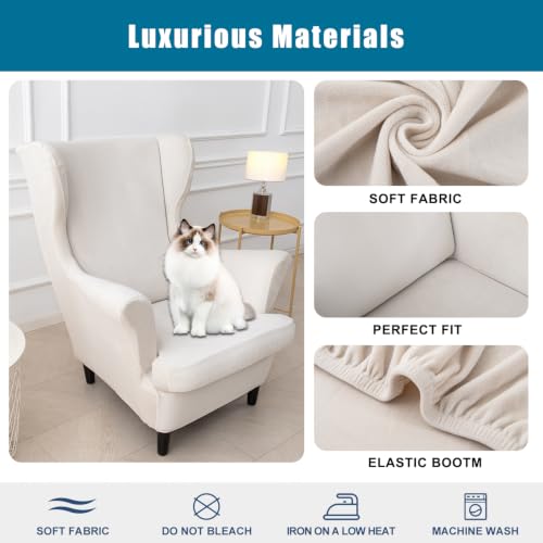 NILUOH Thick Velvet Wingback Chair Slipcovers 2-Piece, Stretch Wing Chair Covers Soft Sofa Slipcover Wing Back Armchair Cover Furniture Protector for Living Room - color: Ivory White