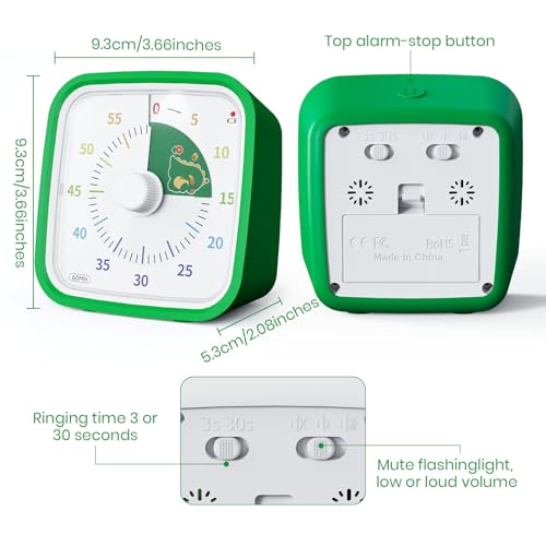Yunbaoit Dinosaur Visual Timer for Kids, 60-min Countdown Timer, Green | Protective Case, No Ticking, Mute and Ringing Alarm Available, Time Management Tool, Low Power Reminder, for Study,Game,Work - color: Green Dinosaur
