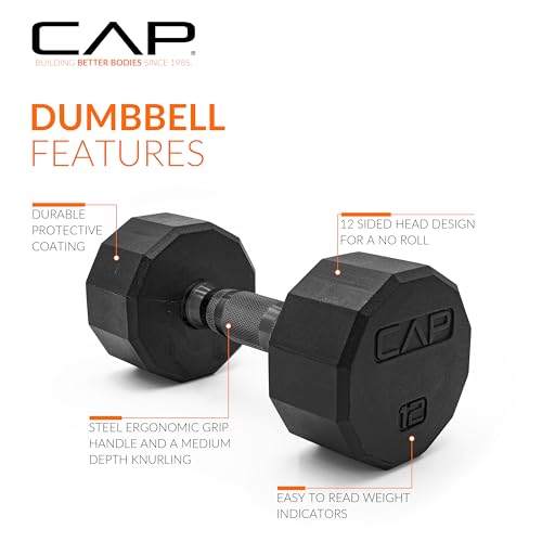 CAP Rubber Coated Dumbbell Weights, Free Weights for Home Gym Strength Training, Anti-Roll Hex Dumbbells with Black, Chrome & Comfort Grip Handles, Singles - size: 12 lb, style: 12-Sided - Black Handle